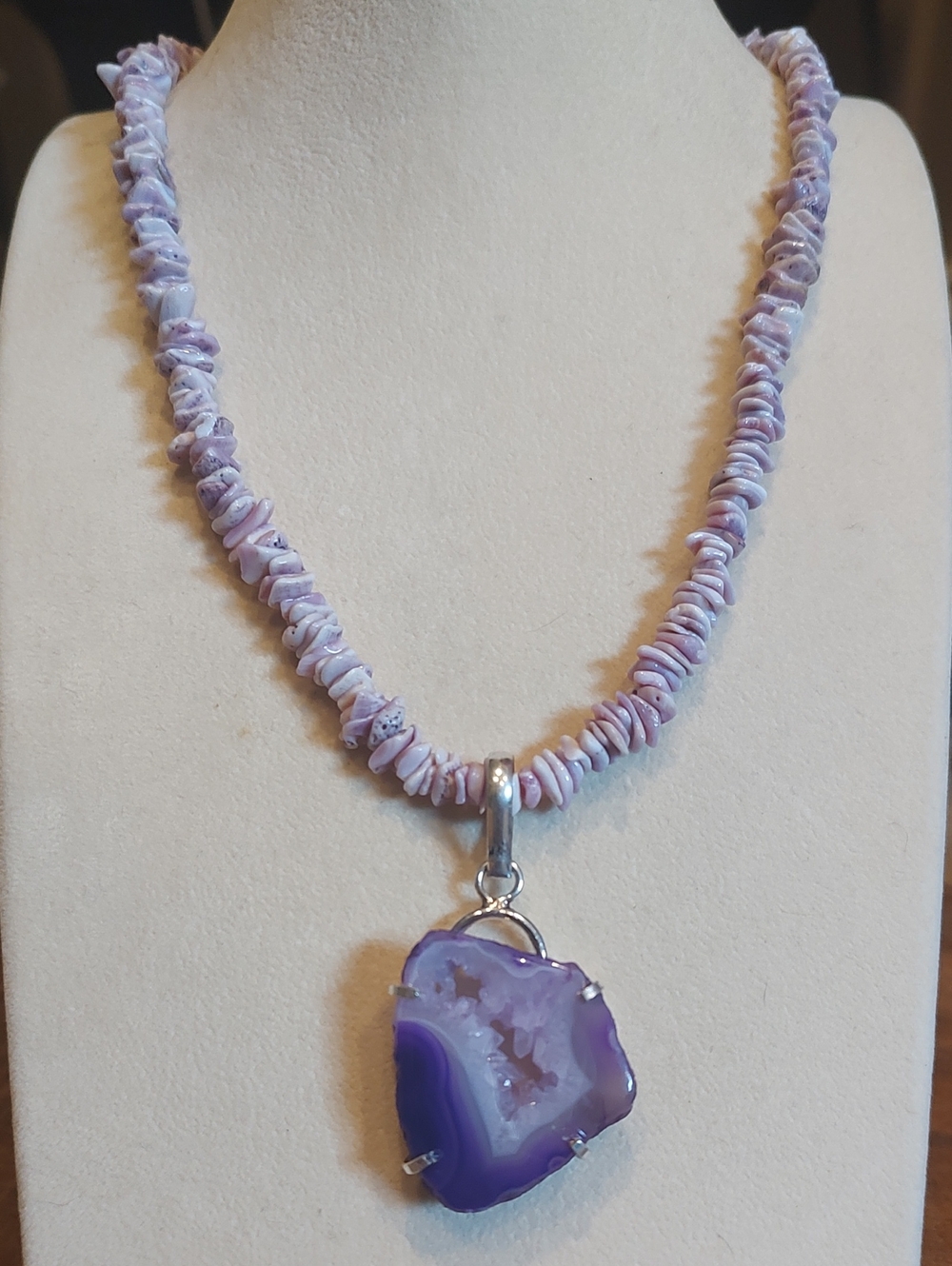 Purple Druzy Agate 925 Silver Plated Pendant And Purple Puka Shell Necklace 18"
